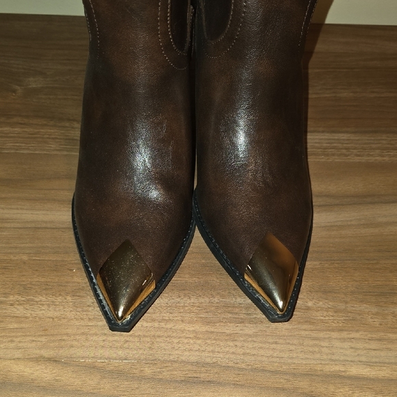 Brown Leather Western Boots with Gold Accents - Picture 2 of 5